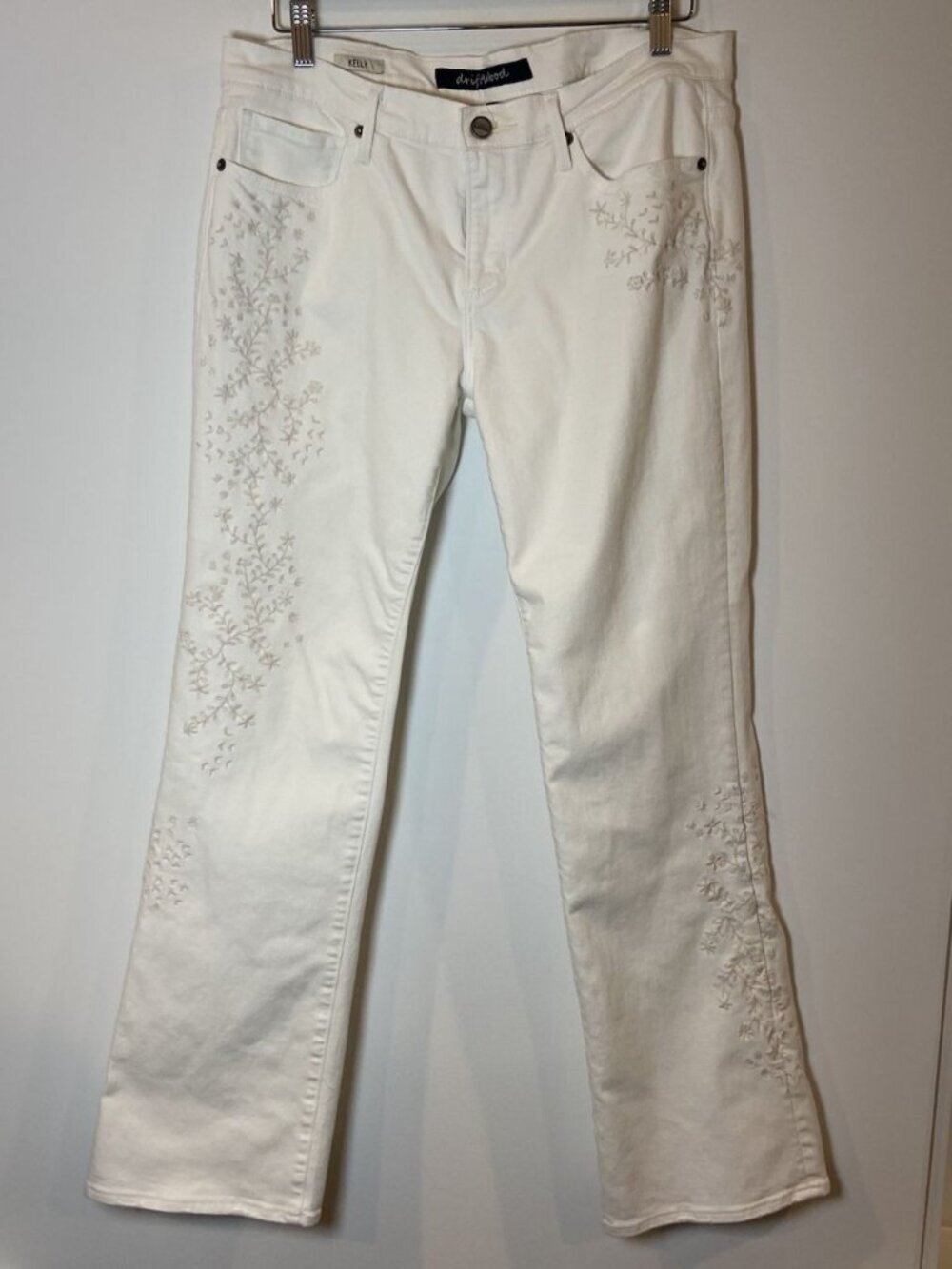 Driftwood Kelly Jeans Straight Leg White Cream Embroidery Size 32